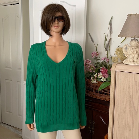 Ralph Lauren green cable logo v neck sweater - Picture 2 of 9